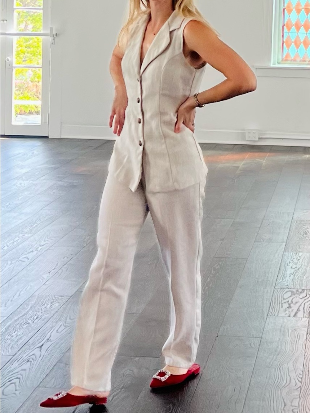 Vintage Beige Linen Tailored Vest & Trouser 2-Piece Set